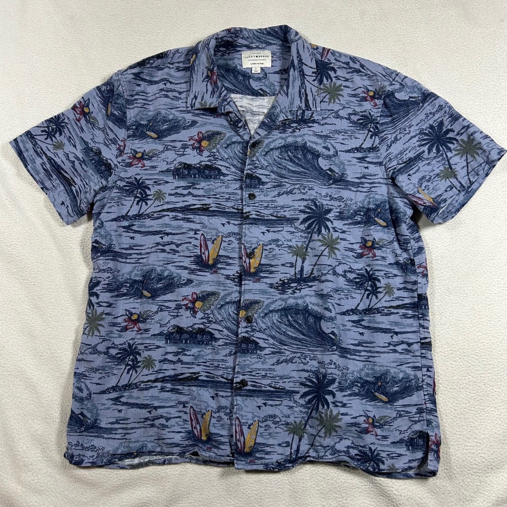 Lucky Brand Button Up Shirt Mens Large Tropical Wave Linen Blend Short Sleeve